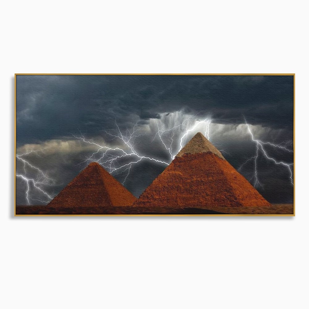 Tablou canvas cu ilustratie cu piramide si fulgere, in rama de aluminiu auriu